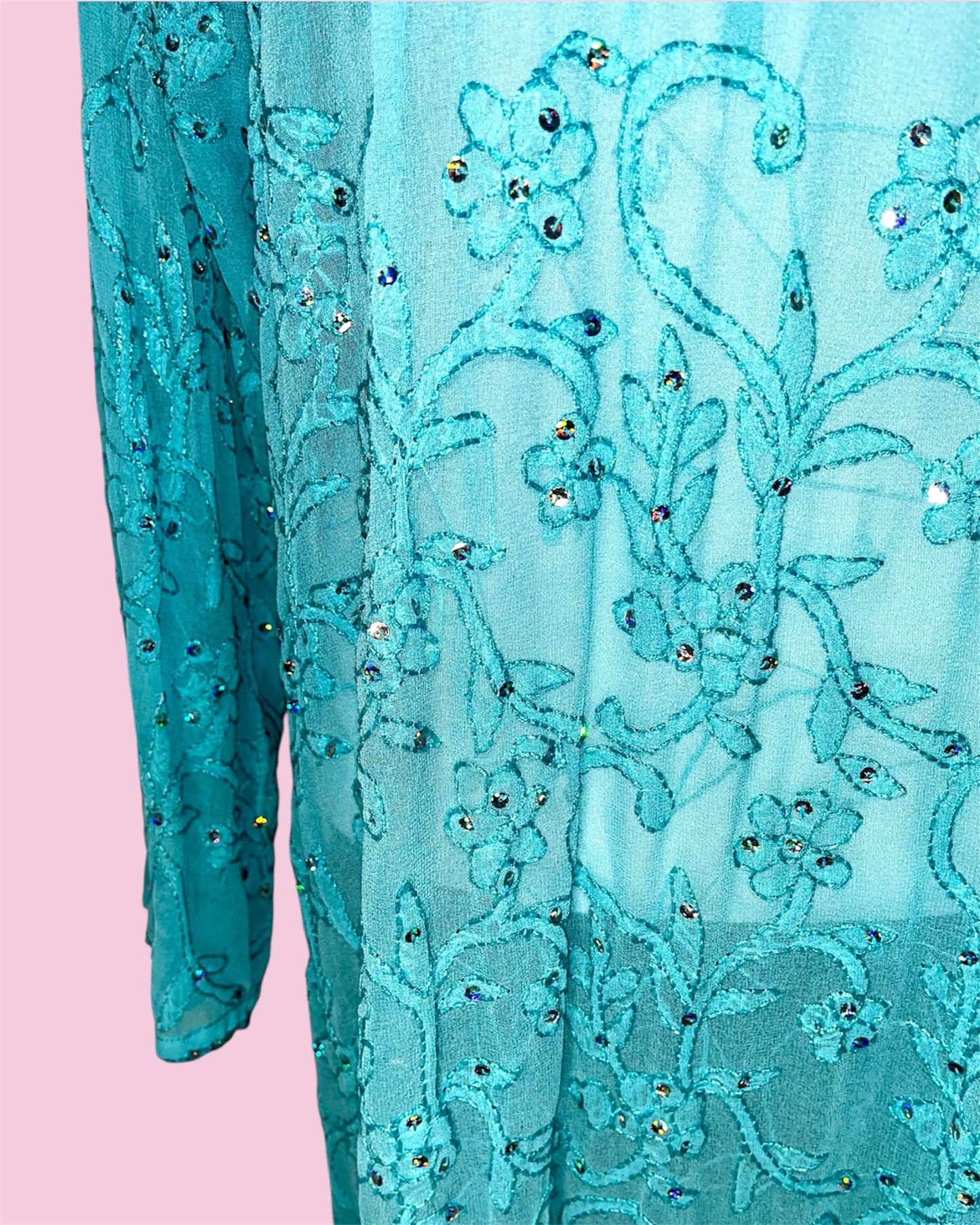 Vintage Boho Maxi-Kleid in Türkis (Universal Ricamato Mano, handbestickt, Gr. XL)