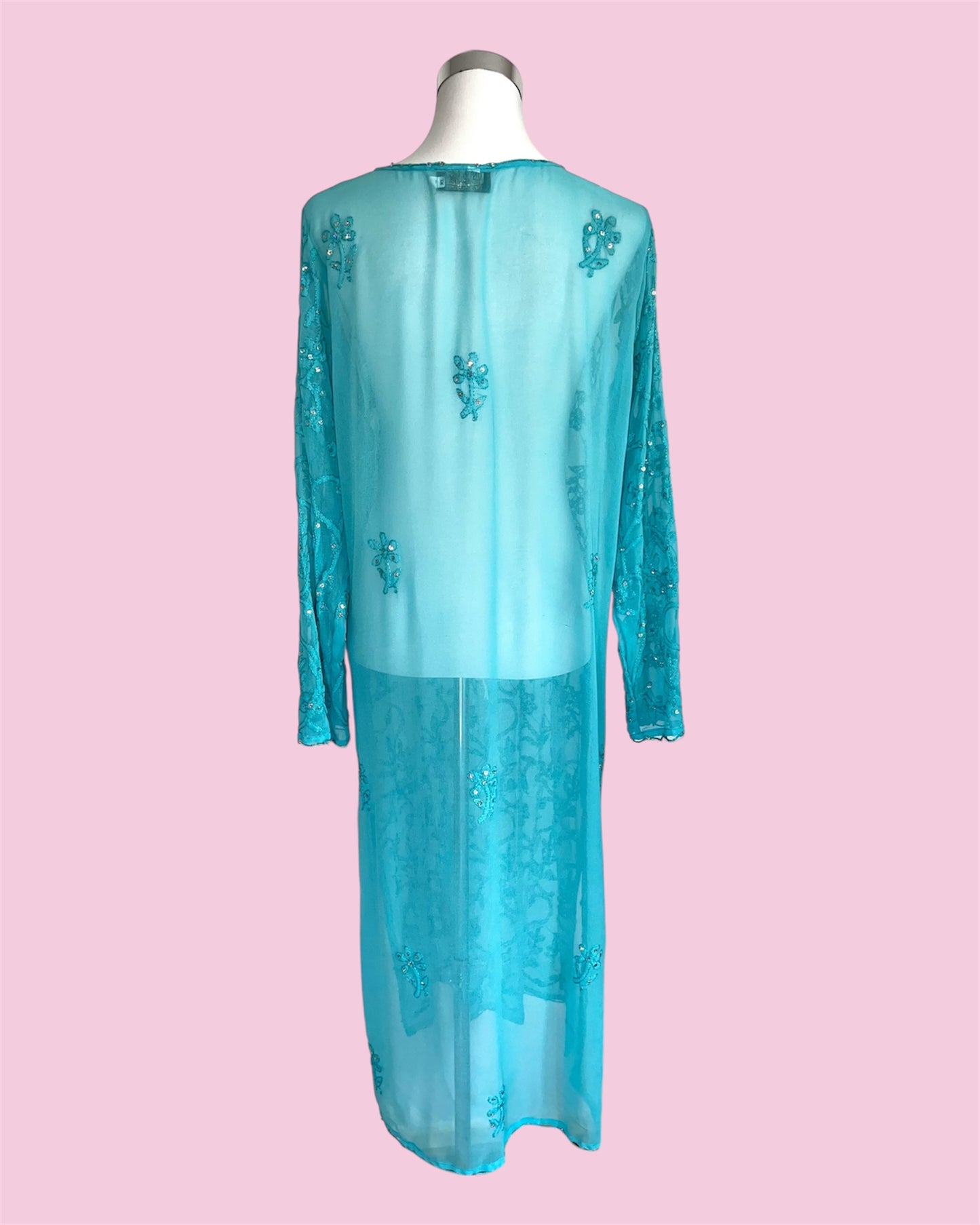 Vintage Boho Maxi-Kleid in Türkis (Universal Ricamato Mano, handbestickt, Gr. XL)