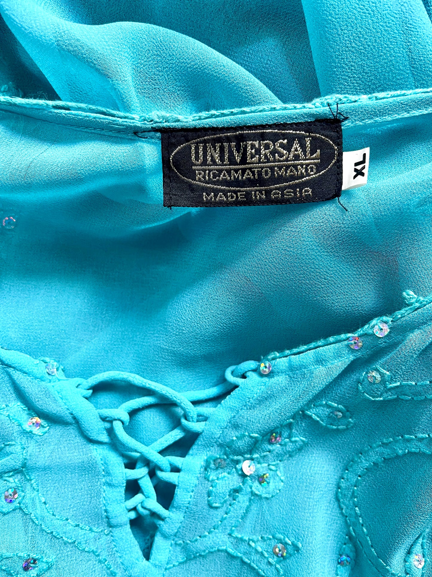 Vintage Boho Maxi-Kleid in Türkis (Universal Ricamato Mano, handbestickt, Gr. XL)