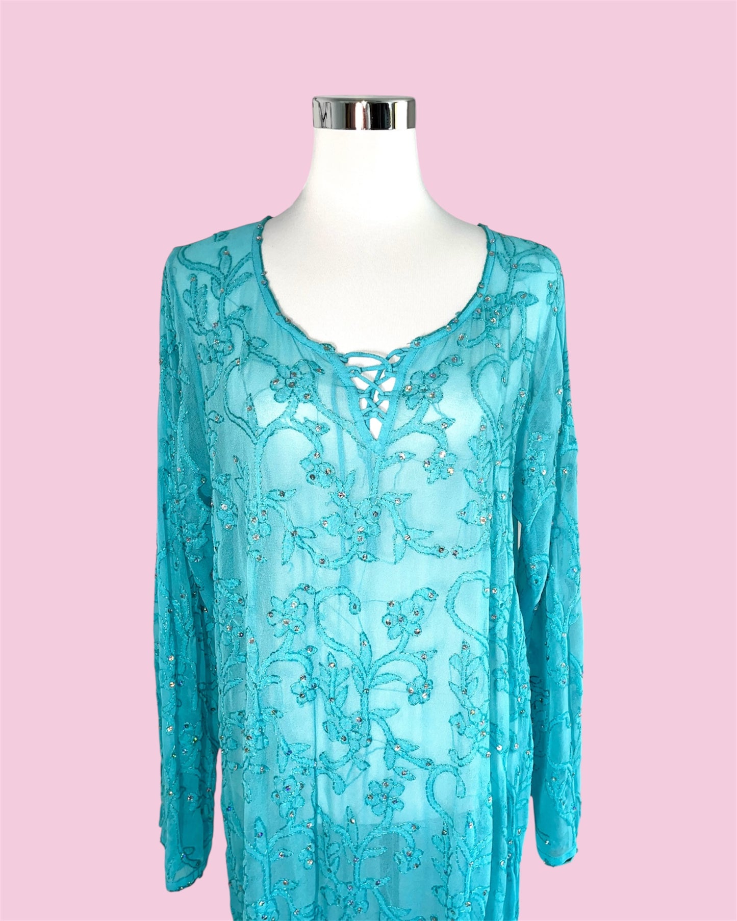 Vintage Boho Maxi-Kleid in Türkis (Universal Ricamato Mano, handbestickt, Gr. XL)