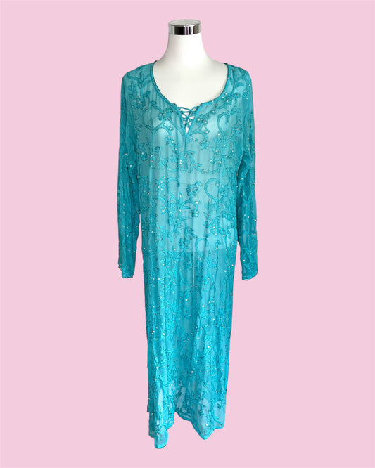 Vintage Boho Maxi-Kleid in Türkis (Universal Ricamato Mano, handbestickt, Gr. XL)